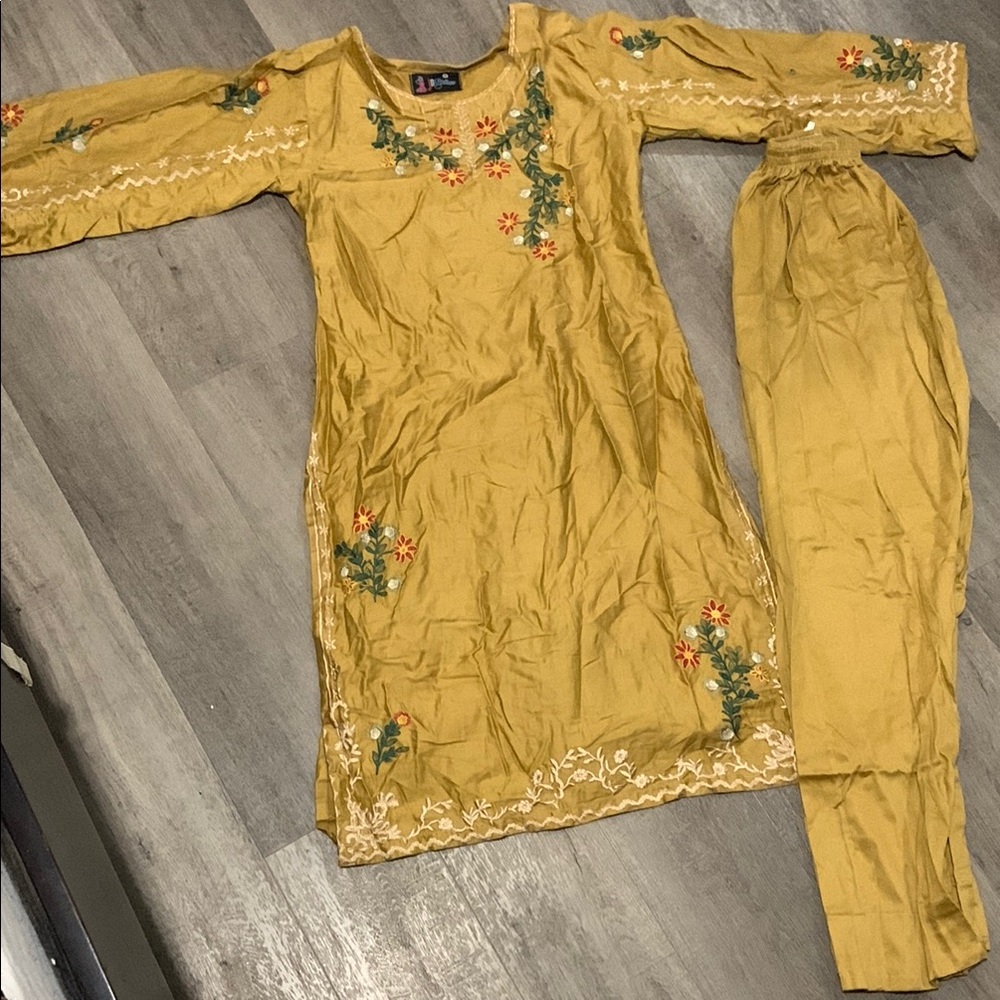 Embroidered Mustard Yellow Kurta Set with pants and red scarf